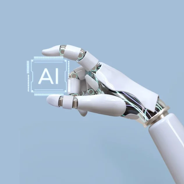 Una mano robotica sujetando un chip con el texto AI - Qué es la IA Generativa - www.estefaniatiradomestre.com