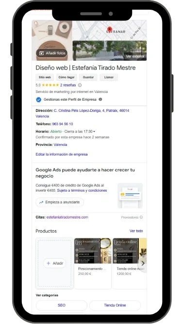 Diseño web 14 Ejemplo ficha GMB- Estrategia SEO