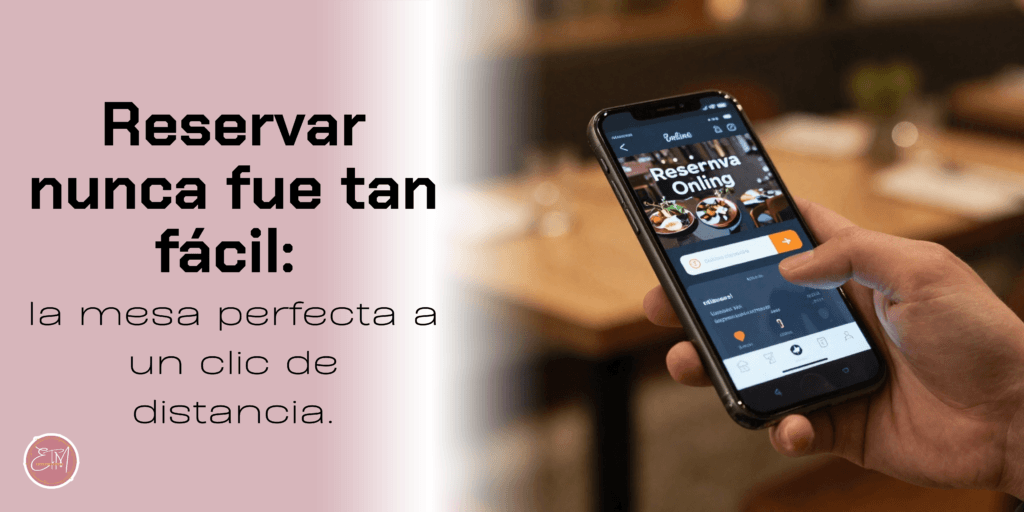 Cliente realizando una reserva en línea desde su smartphone mientras se ve el interior del restaurante desenfocado al fondo